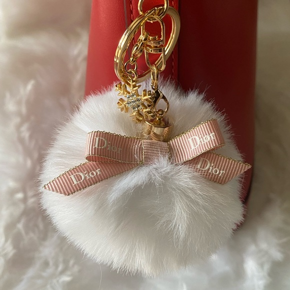 Handmade Accessories - Pink and White Bow Fur Pom Pom Bag Charm
